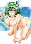  :o ass bent_over bikini blue_eyes blush breasts butt_crack cleavage covered_nipples final_fantasy final_fantasy_iv green_hair large_breasts older open_mouth rydia see-through short_hair side-tie_bikini solo swimsuit wet yasakani_an 