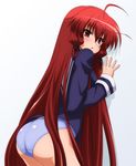  against_wall ahoge ass blue_panties highres himuro_akari long_hair night_wizard panties red_eyes red_hair school_uniform solo sugimura_tomokazu underwear very_long_hair 