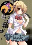  blonde_hair bow cellphone flat_chest hair_ornament hairclip hinata_momo katsuragi_yako majin_tantei_nougami_neuro midriff no_bra open_clothes open_shirt phone school_uniform shirt short_hair skirt solo yellow_eyes 