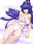  areola_slip areolae bed_sheet blue_eyes blue_hair blush breasts camisole hair_intakes high_ponytail large_breasts long_hair lying mitsurugi_meiya muvluv on_back panties shinama shiny shiny_skin side-tie_panties solo tank_top underwear underwear_only very_long_hair white_panties wide_ponytail 