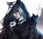  1boy animal_ears arknights bangs black_cat black_gloves blue_hair cat cat_ears chinese_commentary choker commentary_request gloves grey_eyes hair_between_eyes hands_up highres holding holding_mask hood looking_at_viewer male_focus mask nga_(artist) parted_lips phantom_(arknights) upper_body white_background 