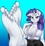  5_toes anthro barefoot blue_eyes clothed clothing edit equid eyebrows eyelashes feet female foot_focus friendship_is_magic gradient_background hi_res horn humanoid_feet looking_at_viewer mammal my_little_pony pia-sama rarity_(mlp) simple_background smile soles solo toes unicorn white_body 