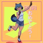  ! 1:1 2020 action_pose anthro blue_hair bottomwear brand_new_animal breasts brown_body brown_fur canid canine clothed clothing devilbluedragon female footwear fur gesture gloves_(marking) hair hi_res japanese_text leg_markings mammal markings michiru_kagemori open_mouth pose raccoon_dog shirt shoes shorts socks_(marking) solo studio_trigger tank_top tanuki text topwear v_sign 