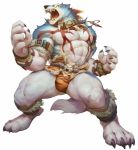  abs angry anklet anthro bracelet canid canine canis clothing fighting_pose hi_res jewelry loincloth male mammal muscular muscular_male necklace null-ghost pose sharp_teeth simple_background solo tattoo teeth thick_thighs white_background wolf 