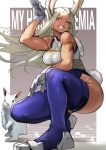  1girl 55level animal_ears bangs blue_legwear boku_no_hero_academia breasts bunny bunny_ears bunny_tail dark_skin forehead full_body gloves grin highres impossible_clothes impossible_leotard large_breasts leotard long_hair muscle muscular_female one_knee outside_border parted_bangs paw_shoes pose raised_eyebrow red_eyes shoes silver_hair smile solo_focus squatting tail taut_leotard thighhighs usagiyama_rumi white_gloves white_leotard 