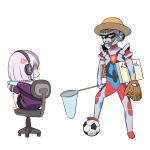  1boy 1girl anger_vein ball baseball_mitt board_game butterfly_net chair chibi denden glasses gridman_(ssss) hand_net hat headphones hood hoodie office_chair pink_hair shinjou_akane short_hair shounen_jump sitting soccer_ball ssss.gridman straw_hat translated white_background you&#039;re_doing_it_wrong 