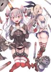  2girls 3others :3 amatsukaze_(kantai_collection) anchor anchor_hair_ornament ass bangs bare_shoulders black_hairband black_panties blonde_hair blush breasts brown_dress brown_eyes commentary_request crop_top dress elbow_gloves eyebrows_visible_through_hair fangs from_behind garter_straps gloves grin hair_ornament hair_tubes hairband highleg highleg_panties highres kantai_collection lifebuoy long_hair long_sleeves looking_at_viewer microskirt miniskirt multiple_girls multiple_others open_mouth panties red_legwear rensouhou-chan rensouhou-kun rudder_footwear sailor_collar sailor_dress school_uniform see-through serafuku shimakaze_(kantai_collection) short_dress side-tie_panties silver_hair simple_background single_glove skindentation skirt smile smokestack_hair_ornament striped striped_legwear sweat sweatdrop thighhighs thong torpedo two_side_up underwear white_background white_gloves windsock yukiguni_yuu 