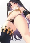  1girl :o ass_visible_through_thighs bandeau bare_shoulders black_hair blush breasts covered_nipples earrings eyebrows_visible_through_hair fate/grand_order fate_(series) from_below hair_ornament highres hoop_earrings ishtar_(fate)_(all) ishtar_(fate/grand_order) jewelry long_hair navel nayuta_(una) red_eyes simple_background single_thighhigh small_breasts thighhighs white_background 