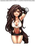  1girl abs alternate_hairstyle big_hair biting black_skirt breasts brown_hair cleavage colorized commentary covered_nipples crop_top cropped_legs detached_sleeves english_commentary final_fantasy final_fantasy_vii hand_in_hair highleg highleg_panties highres large_breasts lip_biting lips long_hair looking_to_the_side midriff miniskirt navel panties red_eyes revision ronindude single_elbow_pad skirt slender_waist solo standing suspender_skirt suspenders thigh_gap tifa_lockhart underwear very_long_hair 
