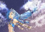  1girl :d aga3 armpits arms_behind_back bangs blue_eyes blue_hair breasts cloud dana_(ys) detached_sleeves diadem eyebrows_visible_through_hair floating_hair full_moon hair_ribbon long_hair long_sleeves looking_at_viewer moon multiple_moons open_mouth outdoors outstretched_arms ribbon see-through shiny shiny_hair sky small_breasts smile solo star_(sky) starry_sky swept_bangs twintails twitter_username underboob very_long_hair white_ribbon ys ys_viii_lacrimosa_of_dana 