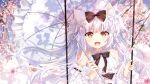  1girl animal_ears azur_lane bare_shoulders black_bow blue_sky blush bow cat_ears center_frills cherry_blossoms cloud dress dress_bow eyebrows_visible_through_hair frilled_dress frilled_umbrella frills hair_bow hair_ornament hei_kuang_jun highres holding holding_umbrella long_hair looking_at_viewer off-shoulder_dress off_shoulder open_mouth outdoors parasol silver_hair sky sleeveless sleeveless_dress smile solo tree two_side_up umbrella white_bow white_dress white_umbrella yukikaze_(azur_lane) yukikaze_(swings-sama)_(azur_lane) 