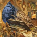  avian beak bird book candle candlestick chris_dunn clock detailed_background english_text eyewear feral fire flask glasses globe inside jar leaf loose_feather magnifying_glass night open_beak open_mouth outside owl paper perched pocketwatch quill scientific_instrument sky solo_focus star starry_sky telescope text thermometer traditional_media_(artwork) watch weather_instrument 