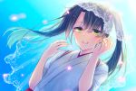  1girl bangs blue_background brown_hair dutch_angle eyebrows_visible_through_hair floating_hair gradient gradient_background green_eyes hair_between_eyes hair_intakes japanese_clothes jewelry kantai_collection kimono long_hair looking_at_viewer ouri_(aya_pine) ring solo sparkle upper_body veil wedding_band white_kimono zuikaku_(kantai_collection) 