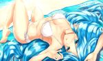  1girl bare_shoulders bikini blue_eyes blue_hair breasts cleavage covered_nipples dana_(ys) dutch_angle front-tie_bikini front-tie_top hair_between_eyes highres long_hair looking_at_viewer lying medium_breasts mussyu_danachan on_back parted_lips ribbon shiny shiny_hair side-tie_bikini soles solo swimsuit underboob very_long_hair white_bikini white_ribbon ys ys_viii_lacrimosa_of_dana 