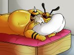  antennae_(anatomy) anthro arthropod bee big_breasts big_butt black_sclera breasts butt curvy_figure eyelashes female hi_res huge_butt humanoid hymenopteran insect inside kacia lying nude on_front pillow solo thick_thighs turismoturbo waterbed yellow_body 