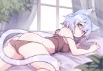  1girl absurdres animal_ear_fluff animal_ears ass blue_hair breast_press breasts cat_ears cat_tail eyebrows_visible_through_hair facial_scar highres indoors looking_at_viewer looking_back lying medium_breasts on_stomach orange_eyes original panties plant ryota_tentei scar scar_on_cheek short_hair solo tail tora_tentei underwear 