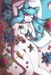  animal_ears blue_hair breasts floral_background flower food food_on_body highres original pacha_(pachastuff) pachirisu pokemon pussy red_eyes squirrel squirrel_ears squirrel_girl squirrel_tail sushi tail tongue tongue_out 
