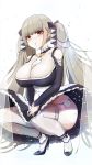  1girl :o absurdres ankle_ribbon ass azur_lane bangs bare_shoulders between_breasts black_dress black_footwear blush breasts cleavage collarbone commentary_request covering covering_crotch detached_collar diffraction_spikes dress dress_lift earrings eyebrows_visible_through_hair formidable_(azur_lane) frilled_dress frills full_body grey_hair hair_ribbon high_heels highres huge_breasts jewelry lens_flare long_hair long_sleeves looking_at_viewer panties platinum_blonde_hair red_eyes ribbon ru-ne shoulder_cutout side-tie_panties sidelocks simple_background solo sparkle squatting stud_earrings thighhighs twintails two-tone_dress two-tone_ribbon underwear very_long_hair white_background white_legwear wind wind_lift 