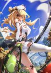  1girl azur_lane bache_(azur_lane) bache_(showy_sports_star)_(azur_lane) ball bare_shoulders blonde_hair blue_sky blush breasts building city cloud detached_sleeves heart_cutout highres holding_racket long_hair looking_at_viewer manjuu_(azur_lane) one_eye_closed racket renze_l single_thighhigh sky skyscraper small_breasts smile sportswear sunglasses tennis tennis_ball tennis_court tennis_dress tennis_net tennis_racket tennis_uniform thigh_strap thighhighs twintails very_long_hair visor_cap white_legwear 