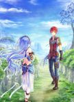  1boy 1girl adol_christin blue_hair blue_pants blue_sky brown_gloves closed_mouth cloud collarbone dana_(ys) day faulds floating_hair gloves hair_ribbon highres kanna_(kanl0o0l) long_hair outdoors pants red_hair ribbon shiny shiny_hair short_sleeves sky twintails very_long_hair white_pants white_ribbon yellow_eyes ys ys_viii_lacrimosa_of_dana 