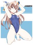  1girl :o alternate_costume anchor_print armpits arms_behind_head arms_up ass bangs bare_arms bare_legs bare_shoulders barefoot blue_swimsuit blush breasts brown_eyes character_name commentary_request competition_swimsuit covered_navel eyebrows_visible_through_hair groin hair_ribbon headgear highleg highleg_swimsuit johnston_(kantai_collection) kantai_collection light_brown_hair long_hair looking_at_viewer medium_breasts navel one-piece_swimsuit open_mouth ribbon simple_background solo souji spread_legs squatting swimsuit two-tone_background two_side_up white_background 