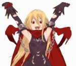  1girl armpits arms_up artist_request black_gloves black_sleeves blonde_hair chain cuffs evileye fangs gloves heart long_hair looking_at_viewer open_mouth overlord_(maruyama) red_eyes shackles solo upper_body vampire 