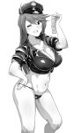  1girl breasts condom_packet_strip condom_wrapper hand_on_hip hat highres idolmaster idolmaster_million_live! large_breasts long_hair m_mance midriff monochrome one_eye_closed police_hat simple_background solo_focus thong tokoro_megumi 