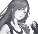  1girl final_fantasy final_fantasy_vii fingerless_gloves gloves greyscale long_hair monochrome pointing pointing_at_self solo tifa_lockhart upper_body very_long_hair yume_ou 