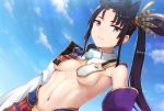  1girl armor bangs black_hair blue_eyes breasts day detached_collar detached_sleeves fate/grand_order fate_(series) hashi hat long_hair looking_at_viewer medium_breasts mismatched_sleeves navel parted_bangs revealing_clothes side_ponytail sky smile solo stomach tokin_hat upper_body ushiwakamaru_(fate/grand_order) very_long_hair 