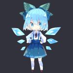  +_+ 1girl black_background blue_eyes blue_hair blue_skirt blush_stickers bow chibi cirno commentary_request detached_wings full_body green_bow hair_bow hands_on_hips highres ice ice_wings long_sleeves looking_at_viewer neck_ribbon nikorashi-ka pleated_skirt pointy_ears red_neckwear ribbon shirt short_hair simple_background skirt smile solo suspender_skirt suspenders touhou white_legwear white_shirt wings 