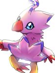  3:4 ambiguous_gender anthro avian beak bird biyomon blue_eyes blue_markings claws digimon digimon_(species) feathers hi_res looking_back markings pink_body pink_feathers red_claws simple_background solo toe_claws tuft white_background 