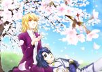  athrun_zala blonde_hair blue_hair cagalli_yula_athha cherry_blossoms couple green_eyes gundam gundam_seed gundam_seed_destiny lap_pillow military military_uniform parubinko smile uniform yellow_eyes 