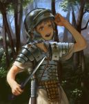  1girl absurdres breastplate cowboy_shot day forest gladius grey_hair hand_up highres holding holding_sword holding_weapon legionnaire nature open_mouth original outdoors plate_armor purple_eyes roman_clothes roman_empire scabbard sheath shoulder_armor solo spaulders standing sword toga tree treeware unsheathed weapon 