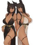  2girls animal_ear_fluff animal_ears anklet anubis_(houtengeki) bastet_(houtengeki) bracelet breasts brown_hair cat_ears choker cleavage dark_skin dress egyptian_clothes fang feet_out_of_frame holding_hands houtengeki jackal_ears jewelry large_breasts looking_at_viewer multiple_girls no_panties open_mouth original red_eyes thigh_strap white_background 
