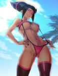  1girl ass_visible_through_thighs bare_shoulders black_hair blue_sky breasts cameltoe covered_nipples day drill_hair grin han_juri highres large_breasts long_hair looking_at_viewer nail_polish navel one_eye_closed outdoors palm_tree pink_legwear pink_swimsuit purple_eyes shiny shiny_clothes shiny_hair shiny_skin sky slingshot_swimsuit smile solo street_fighter street_fighter_iv_(series) swimsuit swimsuit_pull teeth thighhighs tomoyuki_kotani toned tree twin_drills 