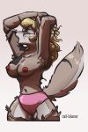  2019 2:3 anthro black_nose blonde_hair breasts camel_toe canid canine canis clothing eyes_closed eyewear female fur glasses grey_body grey_fur hair hand_behind_head mammal navel nipples simple_background snout solo tail-blazer torn_clothing transformation underwear white_background wolf 