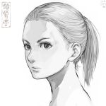  1girl artist_logo from_side greyscale looking_at_viewer looking_to_the_side medium_hair monochrome nude original ponytail portrait shu-mai simple_background solo white_background 