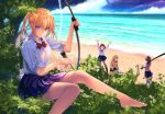  4girls amatani_mutsu arrow bare_legs barefoot beach black_legwear blonde_hair blue_eyes blue_skirt bow bow_(weapon) bowtie cloud cooking day feet from_above from_behind kneehighs kneeling kujou_shion leaf long_hair looking_at_viewer miniskirt multiple_girls ocean official_art onishima_homare open_mouth outdoors outstretched_arms pleated_skirt pot red_bow red_neckwear sagaraise scenery school_uniform shadow shirt skirt sky sleeves_rolled_up smile smoke sounan_desuka? suzumori_asuka sweater_vest thighhighs tree tropical twintails upper_body waving weapon white_legwear white_shirt 