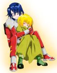  1boy 1girl athrun_zala blanket blonde_hair blue_hair cagalli_yula_athha closed_eyes gundam gundam_seed hug maccha_(jam513) pilot_suit sitting smile 