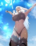  1girl animal_ears armpits blue_sky boots breasts bunny_ears cameltoe covered_nipples crop_top dark_skin final_fantasy final_fantasy_xiv from_below highleg highleg_panties highres huge_breasts lace lace-trimmed_legwear long_hair magic magic_circle midriff navel no_pants open_mouth outstretched_arms panties purple_eyes sky solo stomach taut_clothes thigh_boots thighhighs thighhighs_under_boots tomoyuki_kotani toned underwear viera white_hair 