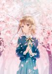  1girl bangs blazer blue_dress blue_jacket blurry blurry_background blush braid brown_hair brown_ribbon cherry_blossoms collared_shirt commentary_request depth_of_field dress dress_shirt eyebrows_visible_through_hair highres hiten_(hitenkei) holding holding_umbrella jacket long_hair long_sleeves looking_away looking_to_the_side neck_ribbon open_blazer open_clothes open_jacket original parted_lips petals pinafore_dress red_eyes ribbon school_uniform shirt solo transparent transparent_umbrella tree umbrella white_shirt 