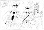  2boys 3girls brick_wall brush east_german gdr highres military military_uniform monochrome multiple_boys multiple_girls original rumiak uniform wall 