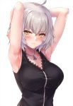  1girl ahoge armpits arms_behind_head arms_up bangs black_dress blush breasts closed_mouth collarbone commentary_request crossed_bangs dress fate/grand_order fate_(series) full-length_zipper hair_between_eyes highres jeanne_d&#039;arc_(alter)_(fate) jeanne_d&#039;arc_(fate)_(all) jewelry large_breasts looking_at_viewer marisasu_(marisa0904) necklace short_dress short_hair silver_hair wicked_dragon_witch_ver._shinjuku_1999 yellow_eyes zipper 