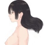  1girl black_hair blush breasts brown_eyes closed_mouth floating_hair large_breasts mole mole_on_breast nipples nude original shu-mai simple_background solo upper_body white_background 