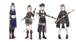  4girls absurdres armband assault_rifle bangs battle_rifle belt blonde_hair blue_eyes boots brown_eyes coat explosive fg42 fg42_(girls_frontline) full_body g43_(girls_frontline) garrison_cap gewehr_43 girls_frontline green_eyes grenade gun hat highres jacket light_brown_hair long_hair looking_at_viewer medium_skirt miniskirt mp40 mp40_(girls_frontline) multiple_girls necktie peaked_cap pleated_skirt rampart1028 rifle short_hair simple_background skirt stg44 stg44_(girls_frontline) stielhandgranate submachine_gun sword thighhighs weapon white_background 