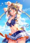  1girl ;) armpits arms_up bikini bikini_top blue_sky breasts brown_hair closed_mouth cloud collarbone commentary_request day eyebrows_visible_through_hair hair_ornament highres hoshisakura_(starblossom) looking_at_viewer love_live! love_live!_sunshine!! medium_breasts navel one_eye_closed pleated_skirt rainbow short_hair skirt sky smile solo striped striped_bikini striped_bikini_top swimsuit v watanabe_you white_skirt x_hair_ornament 