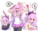  ? alternate_hairstyle animal_ears blazer breasts bunny_ears bunny_tail cleavage crescent crescent_moon_pin heart highres imagining jacket kaliningradg lavender_hair long_hair messy_hair miniskirt one_eye_closed ponytail purple_hair red_eyes red_neckwear reisen_udongein_inaba sideboob skirt sparkle spoken_question_mark spoken_squiggle squiggle tail tank_top thighhighs touhou tying_hair 