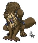  2006 angry anthro black_nose brown_body brown_fur canid canine canis clothing crouching fur male mammal naturally_censored richard_foley simple_background solo teeth tongue tongue_out torn_clothing were werecanid werecanine werewolf white_background wolf 