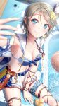  1girl arm_between_legs arm_support armlet armpits badge ball bangs beachball bikini_top blue_eyes blurry blurry_background blush breasts cellphone character_name cleavage collarbone earrings eyebrows_visible_through_hair front-tie_bikini front-tie_top grey_hair hair_ornament hat highres jewelry love_live! love_live!_sunshine!! medium_breasts navel outstretched_arm phone pleated_skirt pool poolside rubber_duck sailor_collar sailor_hat see-through self_shot short_hair skirt sleeveless smartphone smile solo star striped_bikini_top swimsuit tattoo toine watanabe_you water x_hair_ornament 
