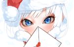  1girl blue_eyes blush christmas close-up commentary_request covering_mouth envelope eyebrows_visible_through_hair eyelashes face hat holding_envelope love_letter nose_blush original santa_hat snowflakes solo squidsmith white_background white_hair 